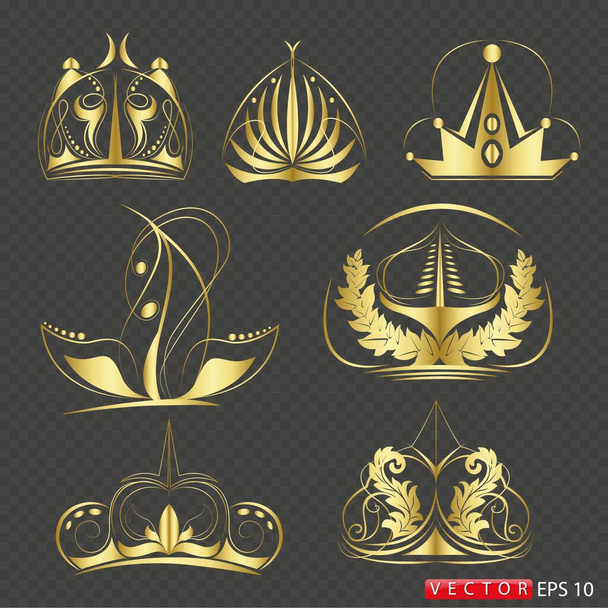 Geïsoleerde iconen van gouden kronen van verschillende soorten en vormen, op een transparante achtergrond. Vector. Eps 10. - Vector, afbeelding