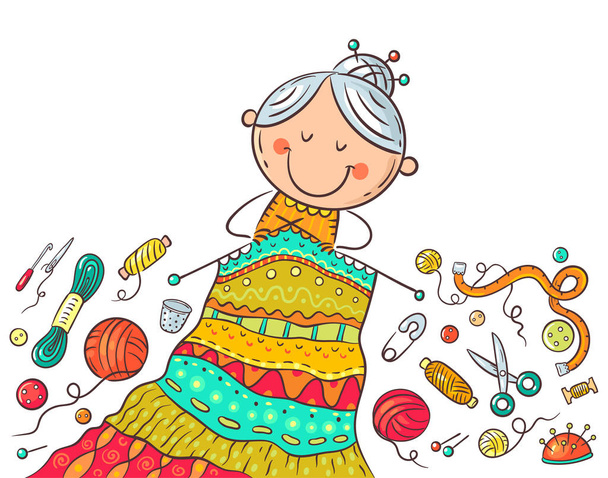 Granny knitting, crafting or handmade concept, cartoon drawing - Vector, Image