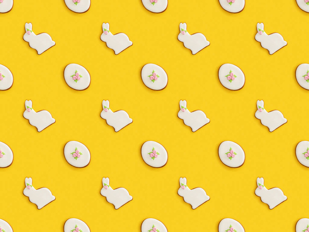 Pose plate avec des biscuits de Pâques isolés sur fond jaune, motif sans couture
 - Photo, image