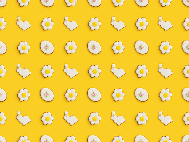 Επίπεδη lay με νόστιμα πασχαλινά cookies απομονώνονται σε κίτρινο, απρόσκοπτη μοτίβο - Φωτογραφία, εικόνα