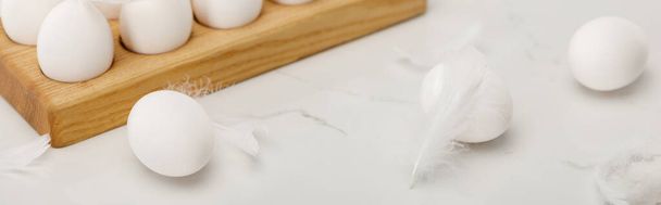 Huevos de pollo sobre tabla de madera y plumas sobre fondo blanco, plano panorámico
 - Foto, Imagen