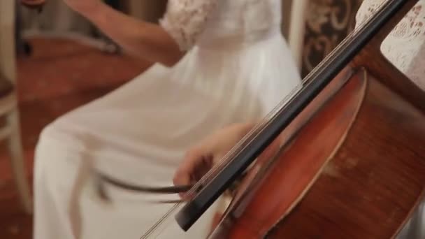 Dziewczyna z kokardą gra na wiolonczeli na koncercie - Materiał filmowy, wideo