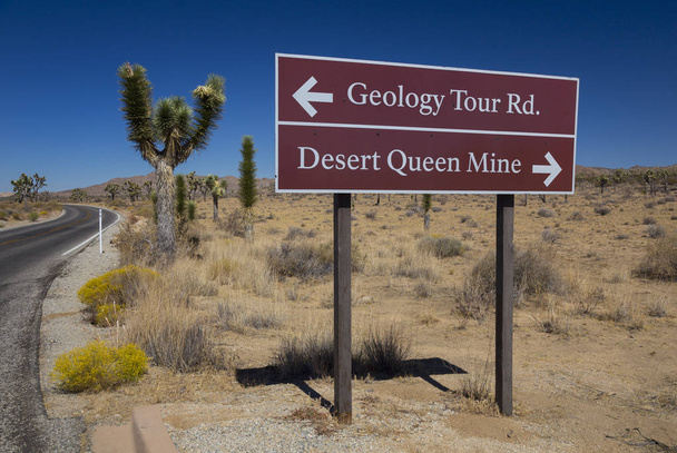 砂漠の女王鉱山と地質ツアーロードのための公園大通りにサインポスト,ジョシュアツリー国立公園,カリフォルニア州,アメリカ - 写真・画像