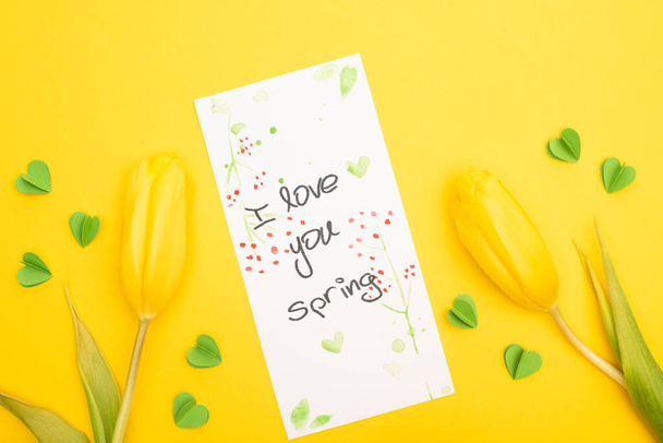 Top view of tulips, card with I love you spring lettering and decorative hearts on yellow background - Фото, изображение