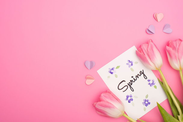 Top view of tulips, card with spring lettering and decorative hearts on pink - 写真・画像
