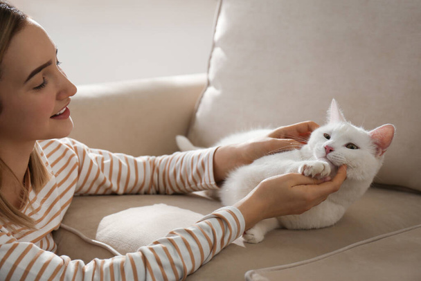 Young woman petting her beautiful white cat at home. Fluffy pet - Photo, Image