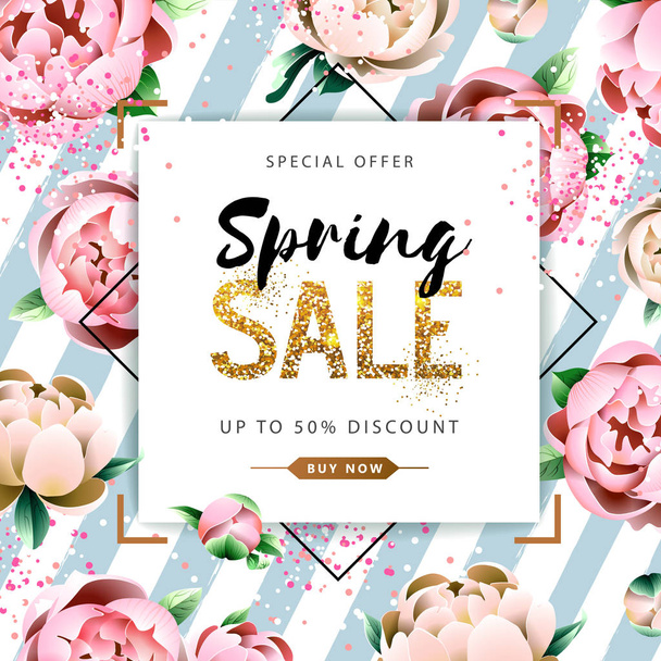 Spring sale poster with full blossom pion flowers. Spring flowers background - Вектор, зображення