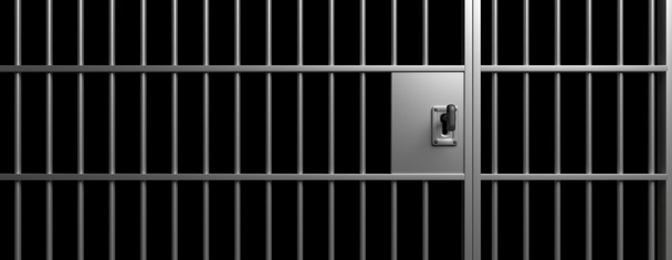 Barras de la prisión. Barras de la cárcel y bloqueo con una llave, fondo negro. Encarcelado, encarcelado, concepto de condena, ilustración 3d
 - Foto, Imagen