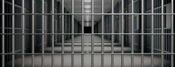 刑務所の中だ。刑務所のバーと携帯電話暗い背景。投獄、投獄、信念の概念、 3Dイラスト - 写真・画像