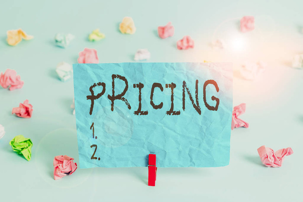 Handwriting text writing Pricing. Concept meaning the method companies use to price their products or services Colored crumpled rectangle shaped reminder paper light blue background. - 写真・画像