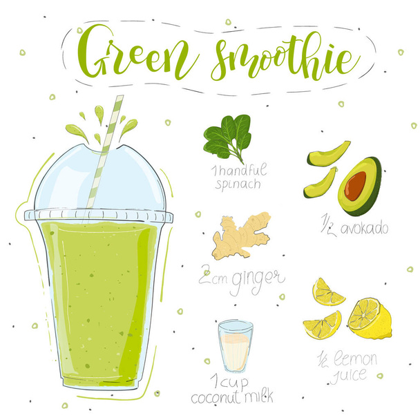 Green smoothie recipe. With illustration of ingredients. Hand draw spinach, avocado, ginger, lemon, coconut milk. Doodle style - Vetor, Imagem