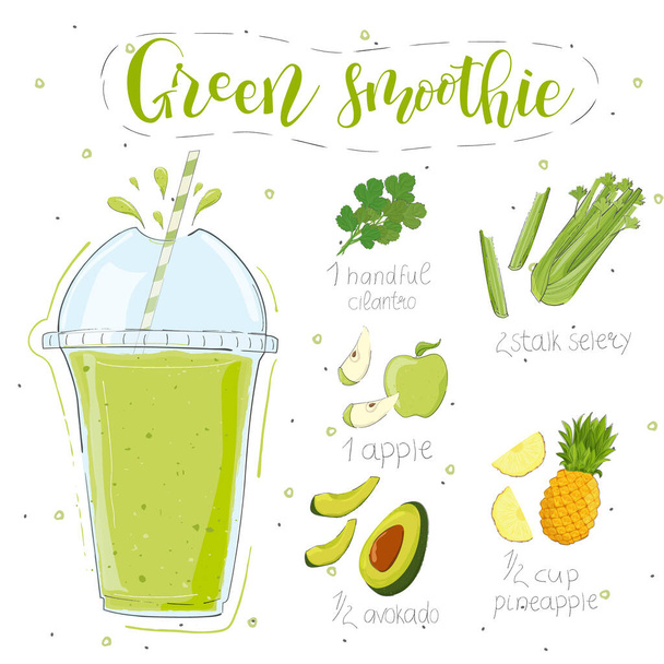 Green smoothie recipe. With illustration of ingredients. Hand draw cilantro, celery, apple, pineapple, avocado. Doodle style - Vektori, kuva