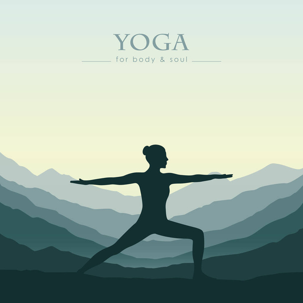 girl makes yoga on green mountain landscape - Vector, Image