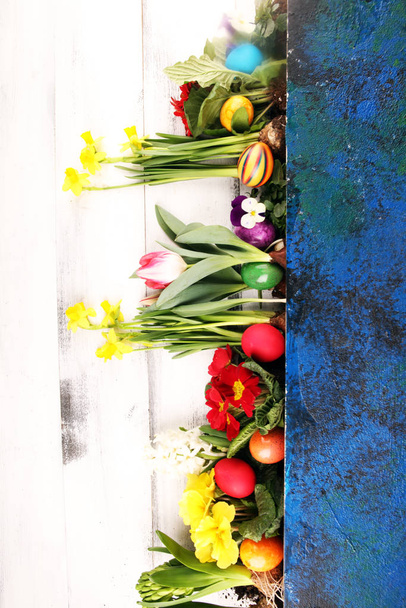 Œufs de Pâques cachés dans l'herbe avec jonquille, tulipes et autres fleurs de printemps colorées
 - Photo, image
