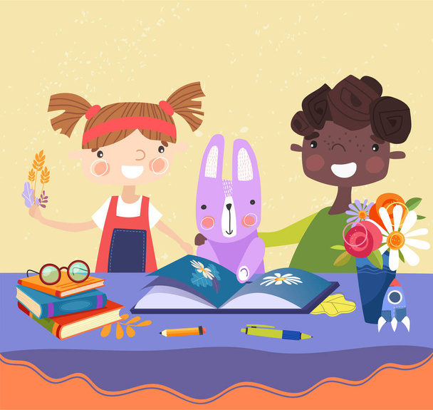 Two young kids reading a book with their rabbit - Vector, afbeelding