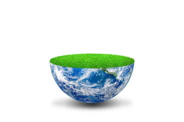 Ecology and Environment Concept : Green grass meadow field on blue planet earth isolated on white background. (Elements of this image furnished by NASA.) - Foto, Imagen