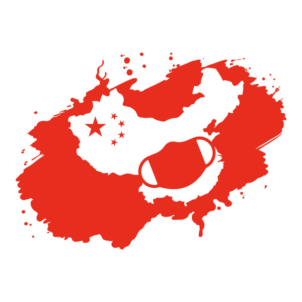 Коронавирус в Китае. Роман-коронавирус (2019-nCoV), красная медицинская маска для лица со звездами и цветами китайского флага на фоне кисти
 - Вектор,изображение