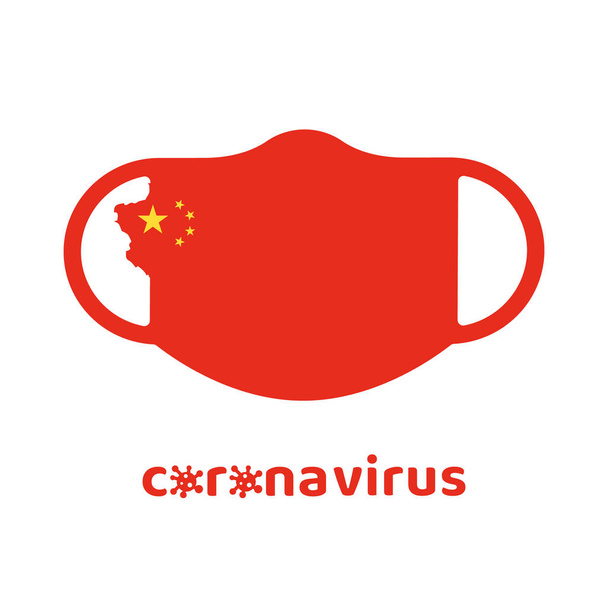 Coronavirus in China. Coronavirus volksgezondheidsrisico ziekte en griep uitbraak op porselein of rood medisch masker met kaart en kleuren van de Chinese vlag - Vector, afbeelding