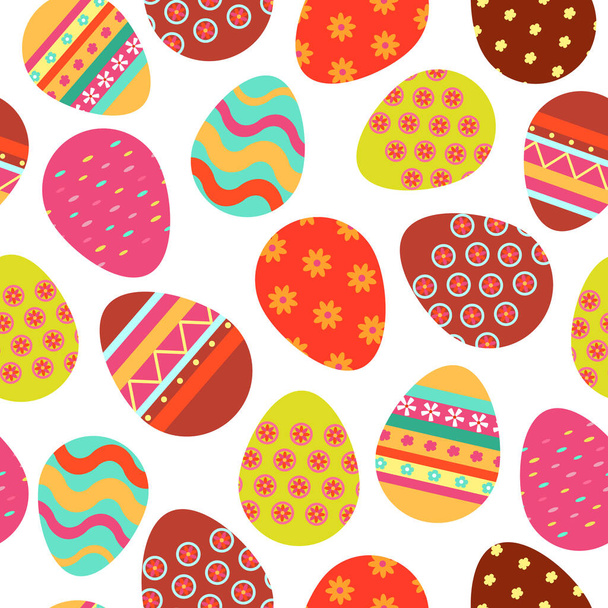 Easter seamless pattern with bright colorful eggs. Painted eggs with floral ornament, waves, dots. Background, texture for greeting card, wallpaper, gift paper, web design. Holiday Egg Set - Vektör, Görsel