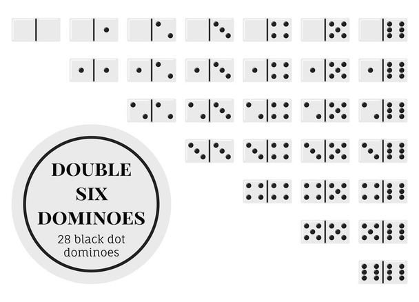 Double six domino game pieces set, flat design illustrations, 28 rectangular white knuckles with black dots isolated on white background. Traditional entertainment, gambling leisure, dominoes tiles. - Vector, Image