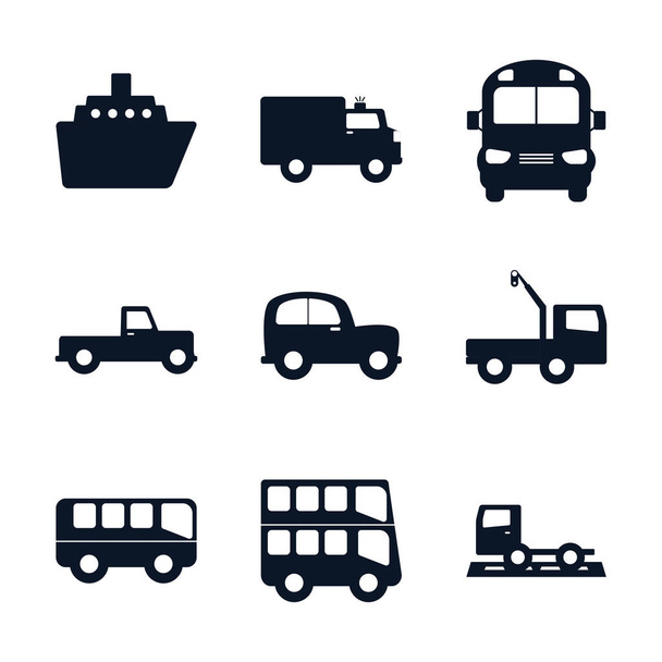 Изолированные транспортные средства силуэт стиль иконки набор векторных конструкций
 - Вектор,изображение