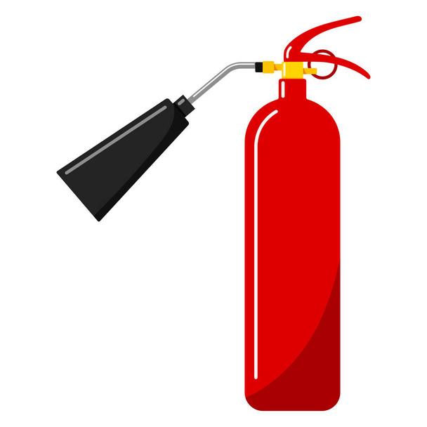 Vector illustration of flat design red fire extinguisher with nozzle icon in cartoon style. Single silhouette portable fire equipment sign isolated on white background. - Вектор,изображение