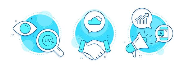 Cloudy weather, Demand curve and Ab testing line icons set. Handshake deal, research and promotion complex icons. Uv protection sign. Sky climate, Statistical report, Phone test. Skin cream. Vector - Vector, Image