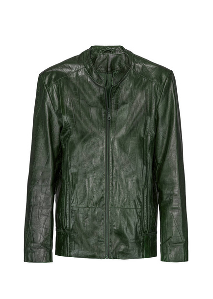 Mens stylish dark green leather jacket isolated on white background. Ghost mannequin photography - Photo, Image