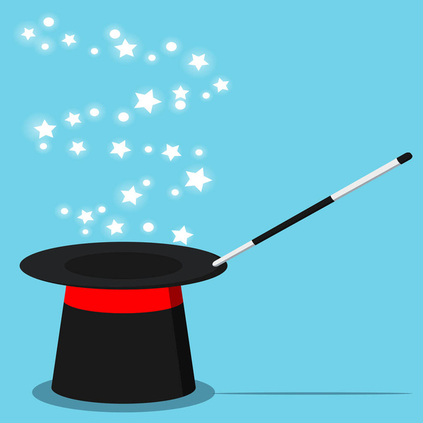 Vector flat design cartoon style illustration magic black hat with magic wand and magical glow light stars sparkles isolated on blue background. Abracadabra concept, magician perfomance. - Vector, afbeelding