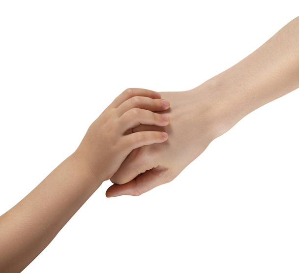 Esta foto muestra dos manos. La mano del niño yace sobre un puño femenino sobre un fondo blanco
. - Foto, Imagen