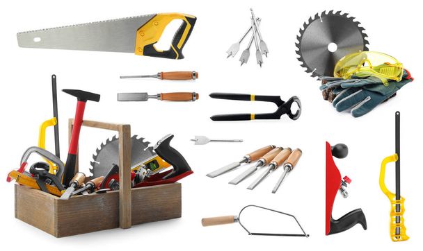 Collage with different modern carpenter's tools on white background - Photo, Image