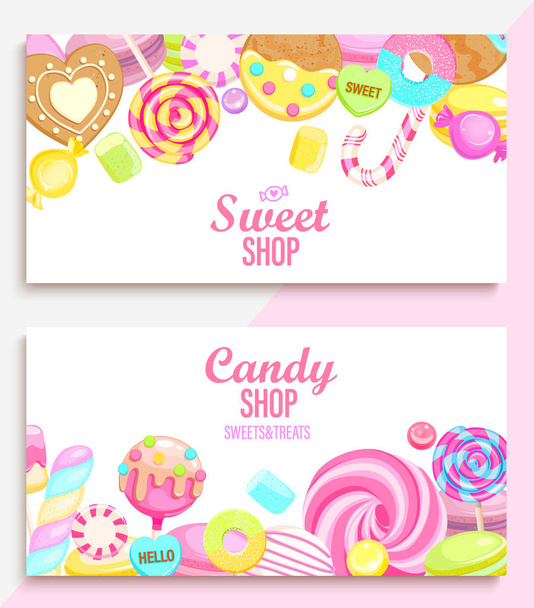 Set of candy and sweet shop banners with many sweets and place for text. Candy,macaroon,bonbon,lollypops,marshmallow,jellybean,candy cane, biscuit. Template for posters, menu,flyers. Vector. - Vector, Image