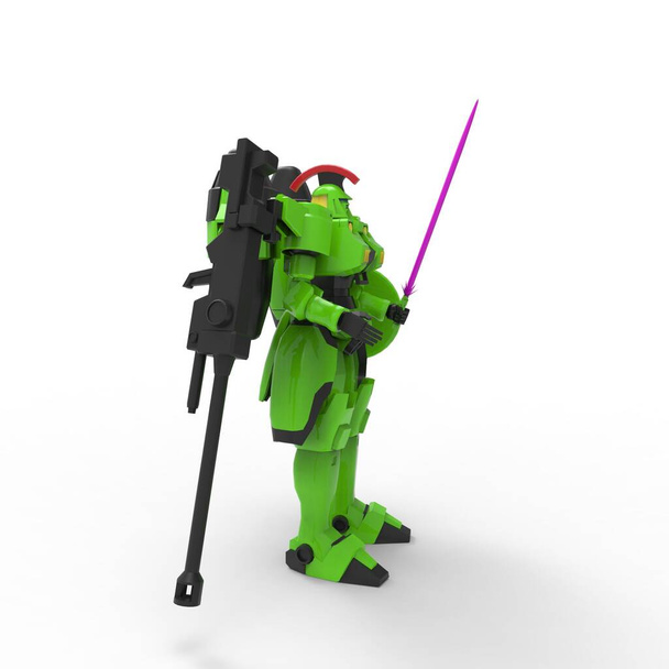 Sci-fi mecha στρατιώτης στέκεται. Στρατιωτικό φουτουριστικό ρομπότ. Μηχανήματα ελεγχόμενα από χειριστή - Φωτογραφία, εικόνα