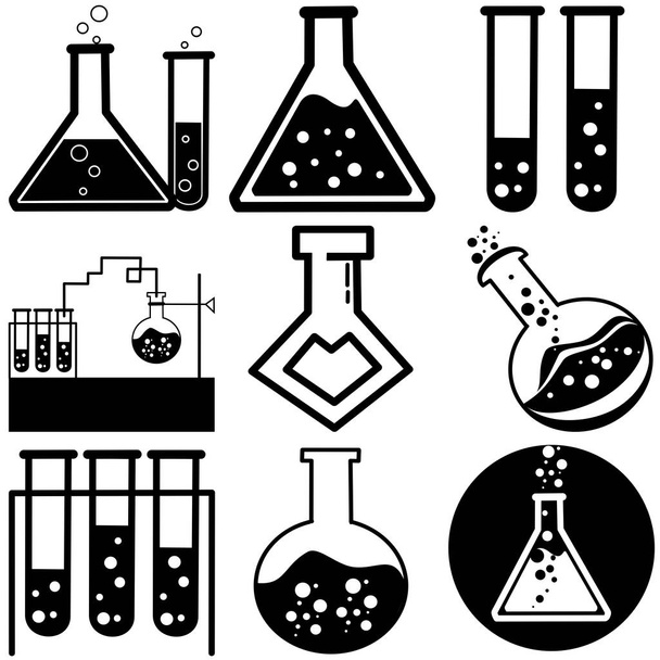 Kémiai kémcső piktogram ikon. Laboratóriumi üvegedények vagy főzőpoharak. Kísérleti flaskák. Trendi modern vektor szimbólum. Egyszerű sima illusztráció. Üvegvegyszer, laboratóriumi lombikok tudományos laboratóriumnak - Vektor, kép