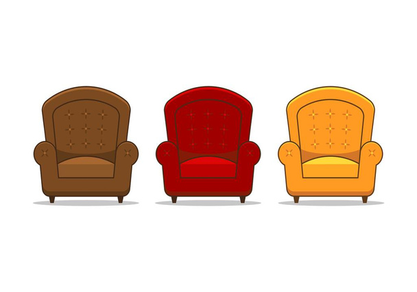 Zestaw trzech stylowych foteli w trzech kolorach skóry brązowej, czerwonej i pomarańczowej. Kolekcja jasnych krzeseł do wnętrz. - Wektor, obraz