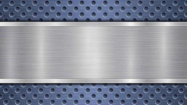 Tło niebieskiej perforowanej metalicznej powierzchni z otworami i poziomą srebrną polerowaną płytą o metalowej fakturze, szkłach i błyszczących krawędziach - Wektor, obraz