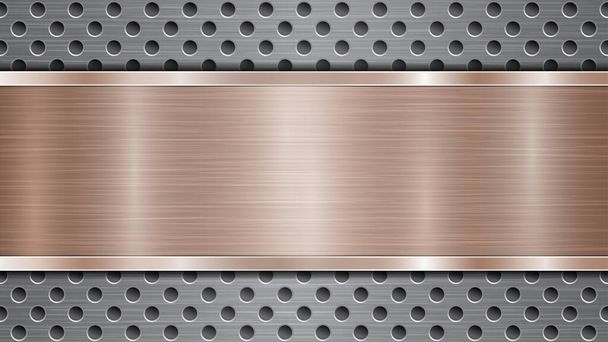 Background of silver perforated metallic surface with holes and horizontal bronze polished plate with a metal texture, glares and shiny edges - Vector, Image