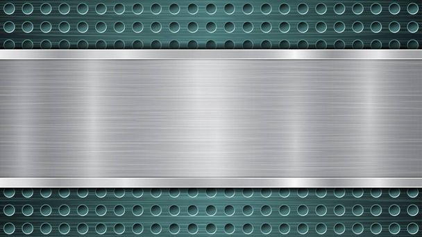 Background of light blue perforated metallic surface with holes and horizontal silver polished plate with a metal texture, glares and shiny edges - Vector, Image