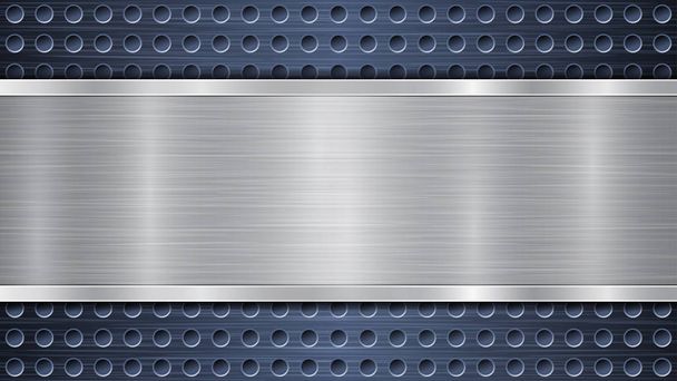 Achtergrond van blauw geperforeerd metallic oppervlak met gaten en horizontale zilver gepolijste plaat met een metalen textuur, glares en glanzende randen - Vector, afbeelding