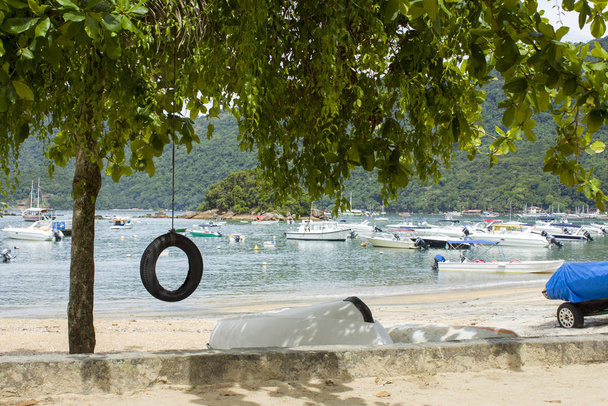 Un columpio de neumáticos en una playa en Ilha Grande, con botes y un bosque en el fondo
 - Foto, imagen