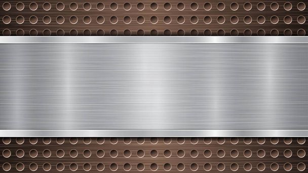 Fundo de bronze perfurado superfície metálica com furos e placa polida de prata horizontal com uma textura de metal, brilhos e bordas brilhantes
 - Vetor, Imagem