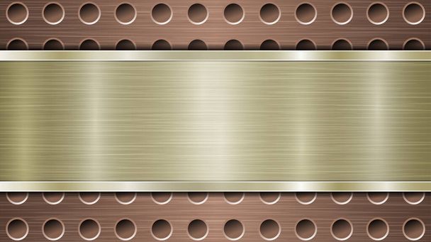 Achtergrond van bronzen geperforeerde metalen oppervlak met gaten en horizontale gouden gepolijste plaat met een metalen textuur, glans en glanzende randen - Vector, afbeelding