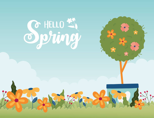 gelukkig voorjaar potted boom bloemen tuin bloemengras - Vector, afbeelding