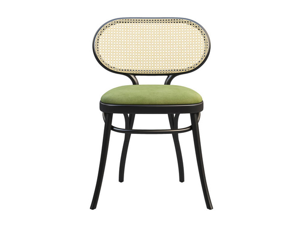 Mid-century bent beech-wood chair with woven cane backrest and green fabric seat on white background. Mid-century, Loft, Scandinavian interior. 3d render - Foto, afbeelding