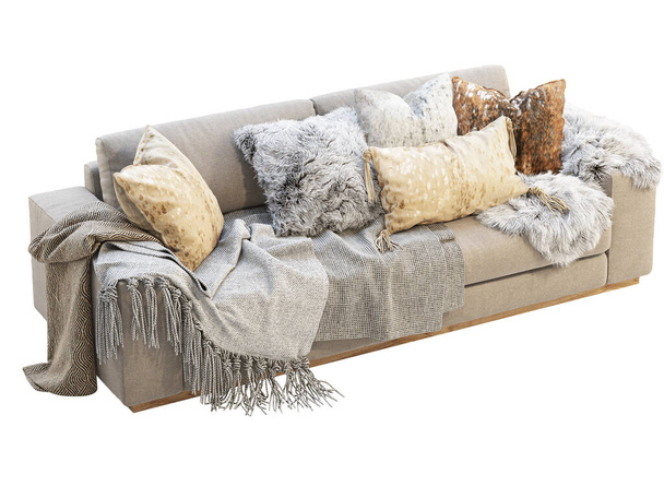 Трьохмісний диван з тканиною з подушкою. Дерев'яна оббивка дивана подушками, штукатуркою і шкірками на білому тлі. У середині століття, халет, скандинавський інтер'єр. 3d рендеринг - Фото, зображення