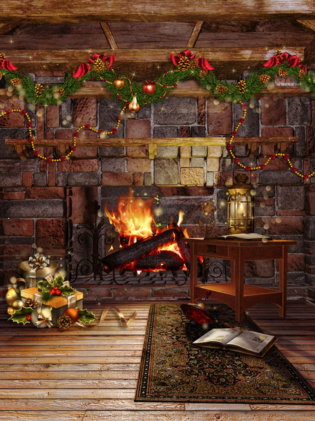 クリスマスの花輪が付いている暖炉 - 写真・画像