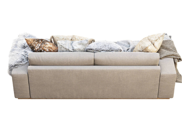 Üç koltuklu minderli Chalet kumaş kanepe. Beyaz arka planda yastıklı, ekose ve kürklü kumaş döşeme koltuğu. Yüzyılın ortalarında, Chalet, İskandinav iç mimarisi. 3d hazırlayıcı - Fotoğraf, Görsel