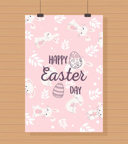 happy easter hanging card bunnies floral decoration pink background - Вектор,изображение