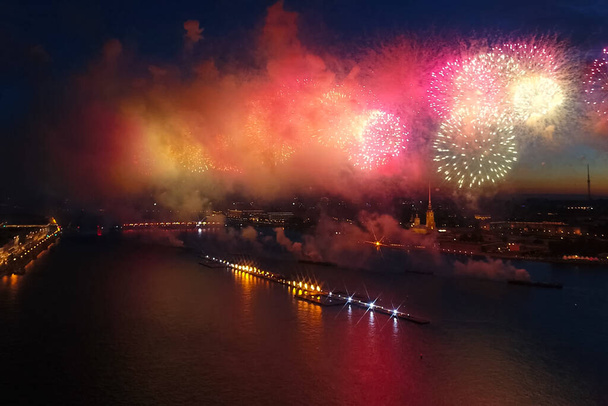 Salute Scarlet Sails. The festive salute is grandiose. Fireworks pyrotechnics. - Photo, Image