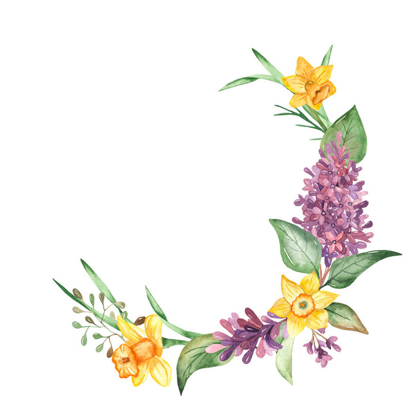 Bloemen en bladeren van narcis en lila. Aquarel krans voor een bruiloft ontwerp - Foto, afbeelding